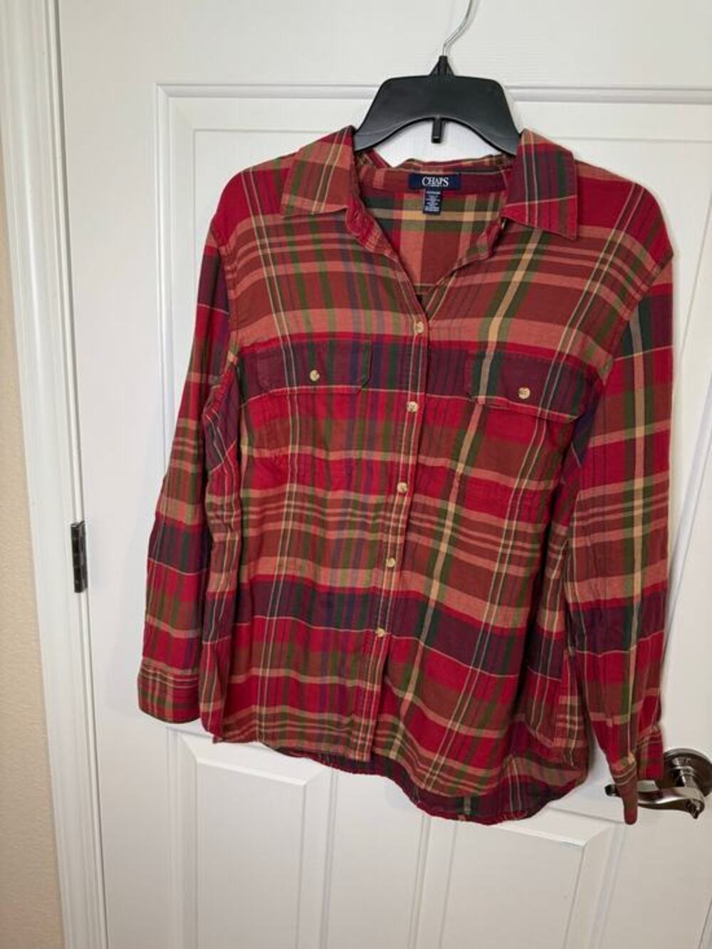 Chaps Denim Women's 100% Cotton Plaid Button Up Shirt Red Green Tan Plus 1X